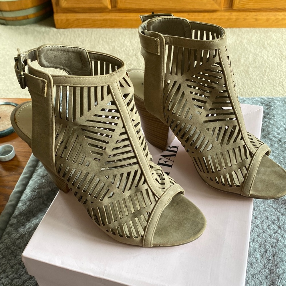 Just Fab taupe open toe, open back bootie size 6.5